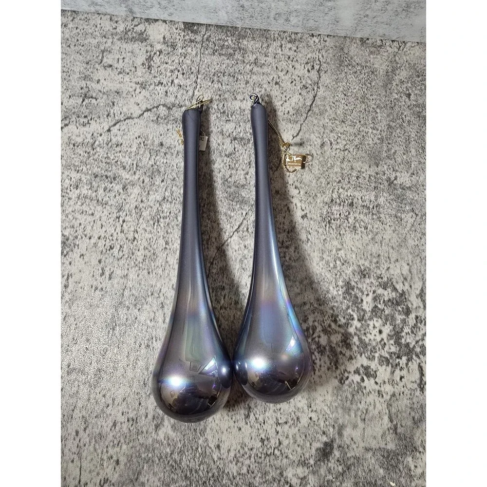 2 Jim Marvin Vintage Metallic Teardrop light blue gray glass Christmas Ornaments